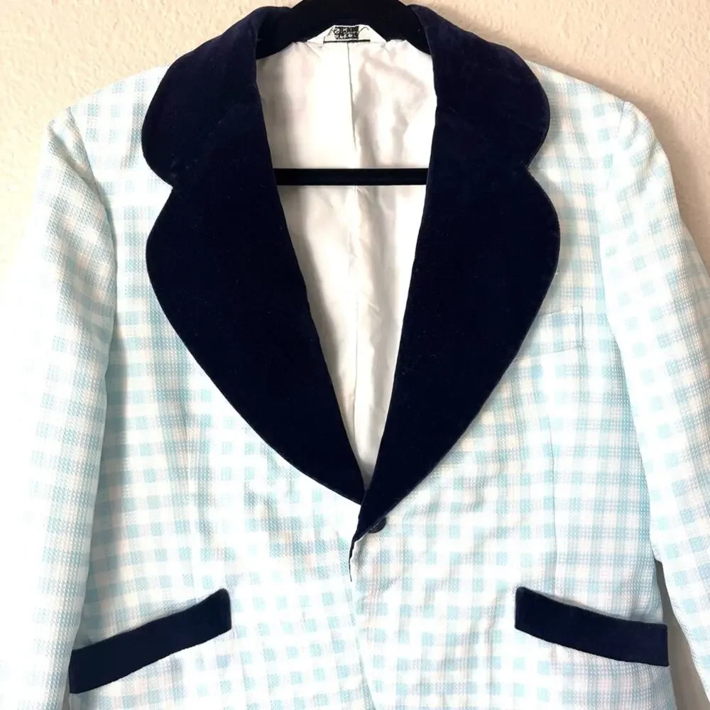 Vintage 60s Men's Blue Gingham Checkered Blazer with Bow Tie Size 38 Short